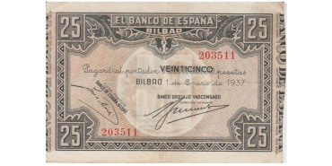F377F1.- BANCO ESPAÑA-BILBAO 25 Pts 1-1-1937 MBC+ SIN SERIE