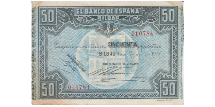 F378D.- BANCO ESPAÑA-BILBAO 50 Pts 1-1-1937 MBC SIN SERIE