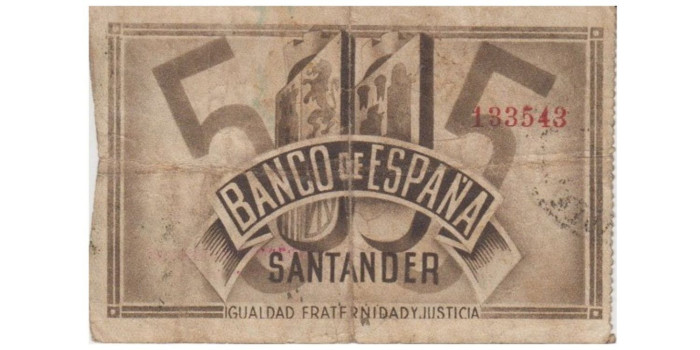 F390C2.- BANCO ESPAÑA-SANTANDER 5 Pts 1-11-1936 BC SIN SERIE