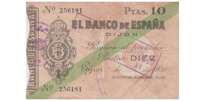 F383B.- BANCO ESPAÑA-GIJON 10 Pts 5-11-1936 RC SIN SERIE