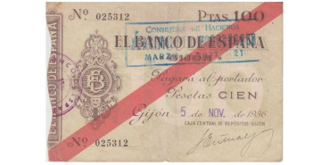 F386C.- BANCO ESPAÑA-GIJON 100 Pts 5-11-1936 BC SIN SERIE