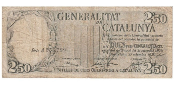 F400A.- GENERALIDAD DE CATALUÑA- 2'5 Pts 25-9-1936 MC SERIE B
