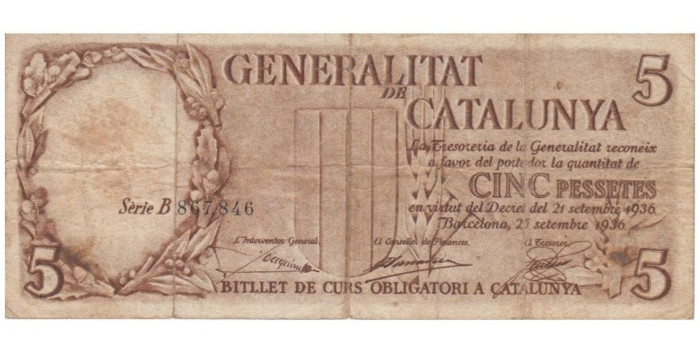 F402B.- GENERALIDAD DE CATALUÑA- 5 Pts 25-9-1936 RC SERIE B