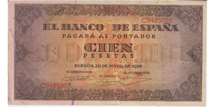 F462F - 100 Peseta 20-5-1938 MBC+ serie A/H