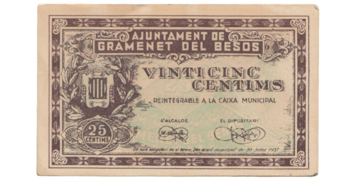 LOCALES - GRAMANET DE BESOS - 25 Ctm. 1937 - EBC