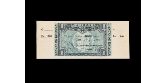 F379M.- BANCO ESPAÑA -BILBAO 100 Pts 1 de Enero 1937  CON MATRIZ - SC