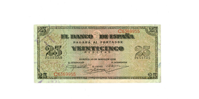 F450E.- 25 PESETAS 20 DE MAYO 1938 SERIE A/F - MBC