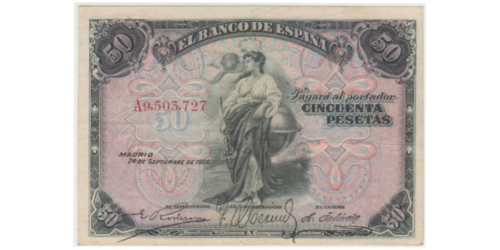 F318F.- 5O PESETAS 24 DE SEPTIEMBRE 1906 SERIE A.  MBC+