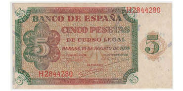 F433F- 5 Pesetas 10-8-1938 SERIE A/M.  MBC+