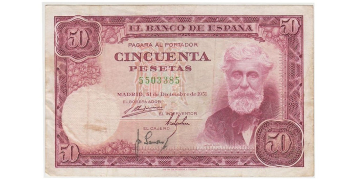 F459D - 50 Pesetas 31-12-1951 SIN SERIE.  MBC-