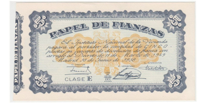 PAPEL DE FIANZAS 5 PESETAS INSTITUTO NACIONAL DE LA VIVIENDA