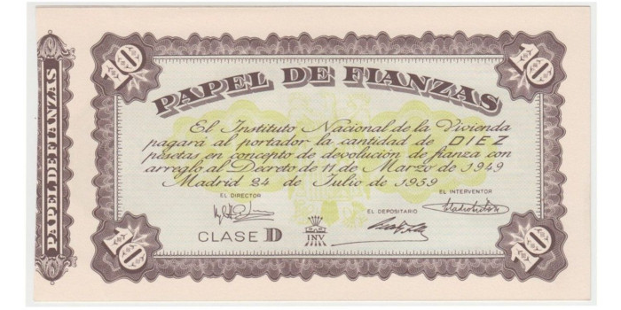 PAPEL DE FIANZAS 10 PESETAS INSTITUTO NACIONAL DE LA VIVIENDA