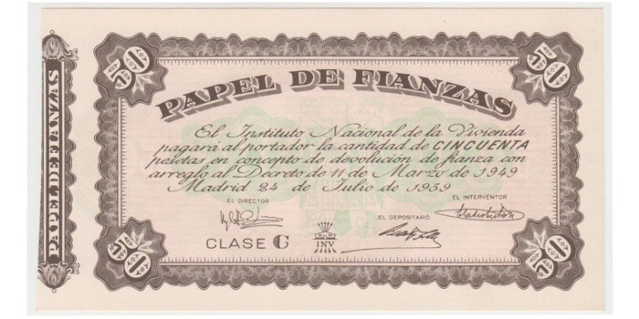 PAPEL DE FIANZAS 50 PESETAS INSTITUTO NACIONAL DE LA VIVIENDA