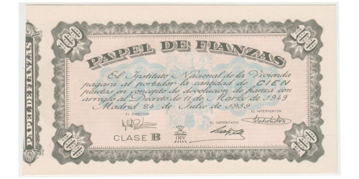 PAPEL DE FIANZAS 100 PESETAS INSTITUTO NACIONAL DE LA VIVIENDA