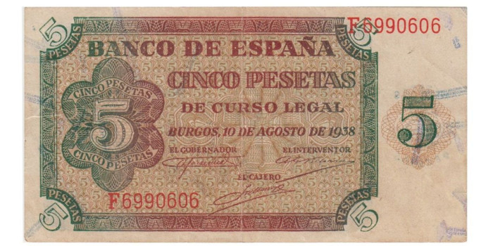 F433F- 5 Pesetas 10-8-1938 SERIE A/M.  MBC+