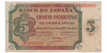 F433F- 5 Pesetas 10-8-1938 SERIE A/M.  MBC+