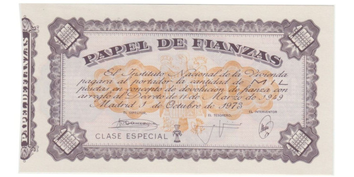 PAPEL DE FIANZAS 1000 PESETAS INSTITUTO NACIONAL DE LA VIVIENDA