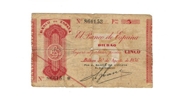 BANCO ESPAÑA - BILBAO 5 Pts 30-8-1936  SIN SERIE -Banco de Vizcaya