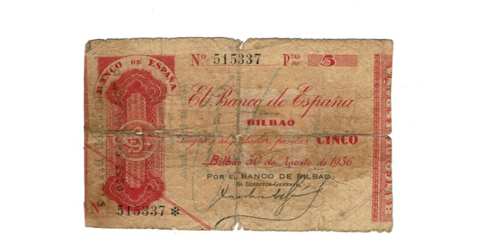 BANCO ESPAÑA - BILBAO 5 Pts 30-8-1936  SIN SERIE -Banco deBilbao