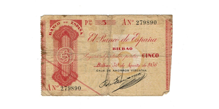 BANCO ESPAÑA - BILBAO 5 Pts 30-8-1936  SERIE A - Caja Ahorros Vizcaina