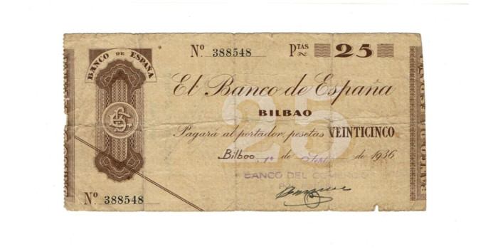 BANCO ESPAÑA -BILBAO 25 Pts 1-9-1936 RC- SIN SERIE-Banco del Comercio