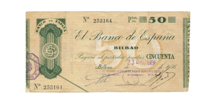 BANCO ESPAÑA -BILBAO 50 Pts 23-12-1936 RC- SIN SERIE- C.H. y M.P.Municipal deBilbao 