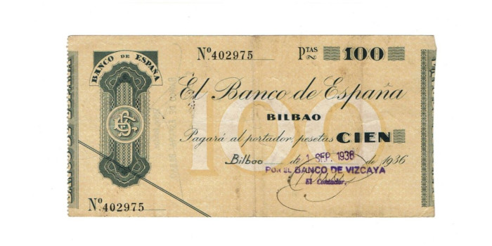 BANCO ESPAÑA -BILBAO 100 Pts 1-9-1936 MBC- SIN SERIE-Banco de Vizcaya
