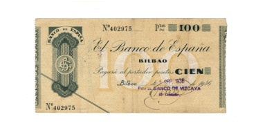 BANCO ESPAÑA -BILBAO 100 Pts 1-9-1936 MBC- SIN SERIE-Banco de Vizcaya