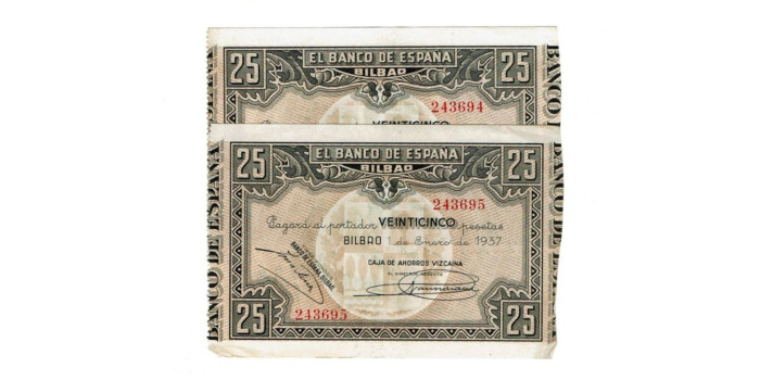 BANCO ESPAÑA-BILBAO 25 Pts 1-1-1937 EBC pareja correlativa- Caja de Ahorros Vizcaya