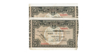 BANCO ESPAÑA-BILBAO 25 Pts 1-1-1937 EBC pareja correlativa- Caja de Ahorros Vizcaya