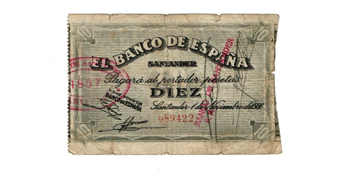 BANCO ESPAÑA - SANTANDER 10 Pts 1-9-1936 MC- SIN SERIE-Banco de Santander