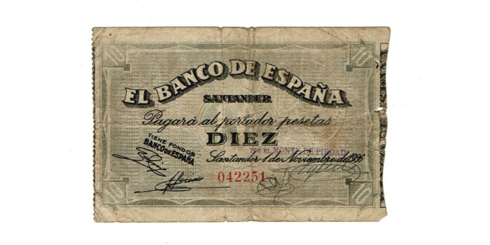 BANCO ESPAÑA - SANTANDER 10 Pts 1-9-1936 MC- SIN SERIE- Monte de Piedad