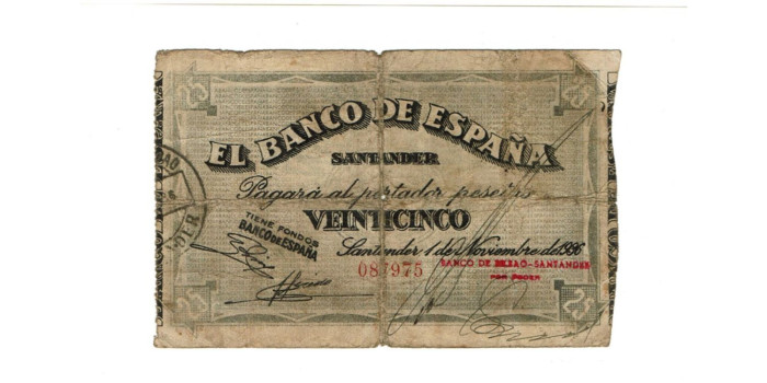 BANCO ESPAÑA - SANTANDER 25 Pts 1-9-1936 MC- SIN SERIE-Banco deBilbao