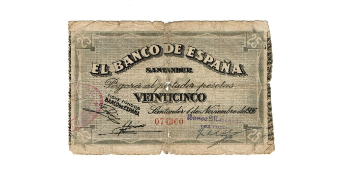 BANCO ESPAÑA - SANTANDER 25 Pts 1-9-1936 MC- SIN SERIE-Banco Mercantil