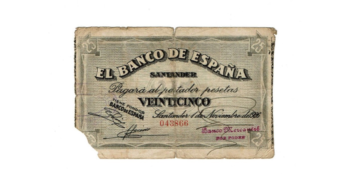 BANCO ESPAÑA - SANTANDER 25 Pts 1-9-1936 MC- SIN SERIE-Banco Mercantil