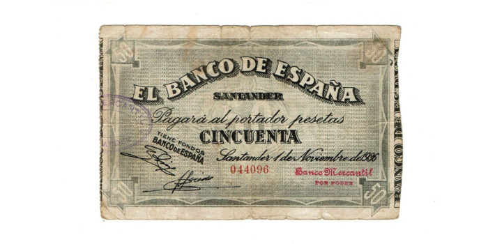 BANCO ESPAÑA - SANTANDER 50 Pts 1-9-1936BC- SIN SERIE-Banco de Mercantil