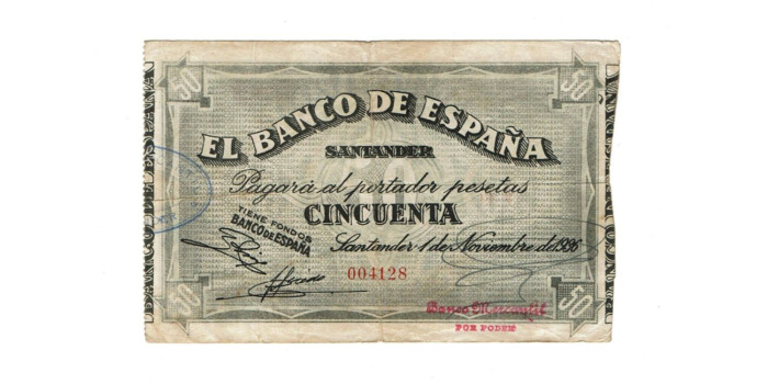 BANCO ESPAÑA - SANTANDER 50 Pts 1-9-1936BC- SIN SERIE-Banco de Mercantil