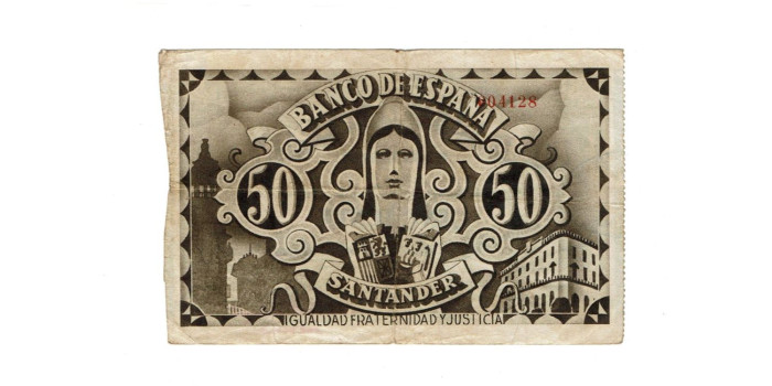 BANCO ESPAÑA - SANTANDER 50 Pts 1-9-1936BC- SIN SERIE-Banco de Mercantil