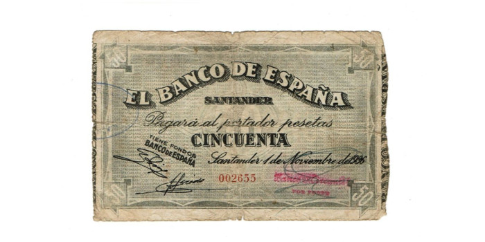 BANCO ESPAÑA - SANTANDER 50 Pts 1-9-1936 MC- SIN SERIE-Banco de Mercantil