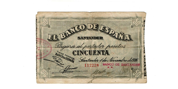 BANCO ESPAÑA - SANTANDER 50 Pts 1-9-1936 RC- SIN SERIE-Banco de Santander