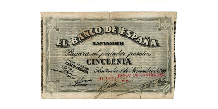 BANCO ESPAÑA - SANTANDER 50 Pts 1-9-1936 RC- SIN SERIE-Banco de Santander
