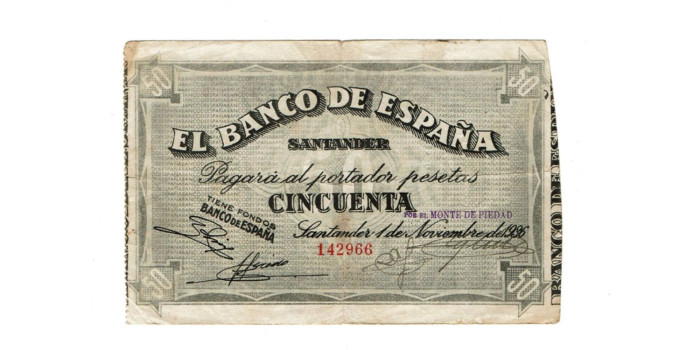 BANCO ESPAÑA - SANTANDER 50 Pts 1-9-1936BC- SIN SERIE- Monte de Piedad