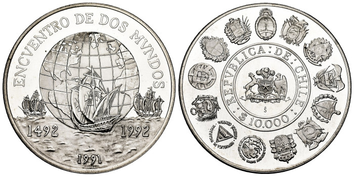 CHILE - K230 - 10.000 Pesos 1991 - Silver. Proof