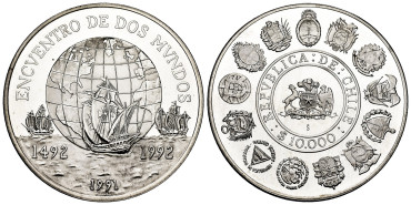 CHILE - K230 - 10.000 Pesos 1991 - Silver. Proof