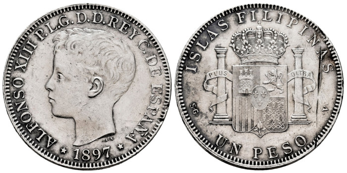 Cy16722e.- ALFONSO XIII 1 Peso1897 S.G.V. Manila.- MBC