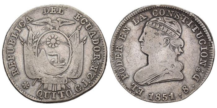 ECUADOR - K-033.- 2 Reales 1851 GJ.