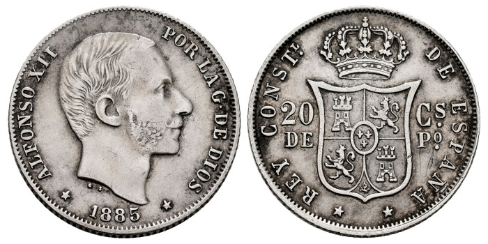 Cy16629F.- ALFONSO XII 20  Centavos de Peso 1885 Manila - SC-