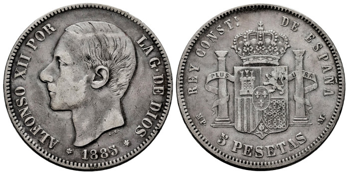 Cy16596C.- ALFONSO XII - 5 Pesetas 1885 (18-87) MPM.  BC+