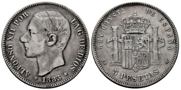 Cy16596C.- ALFONSO XII - 5 Pesetas 1885 (18-87) MPM.  BC+