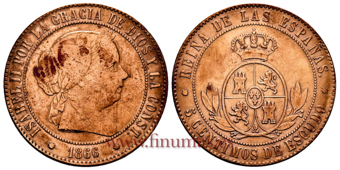 Cy15872.- ISABEL II - 5 Centimo de escudo 1866 Barcelona sin OM - MBC 